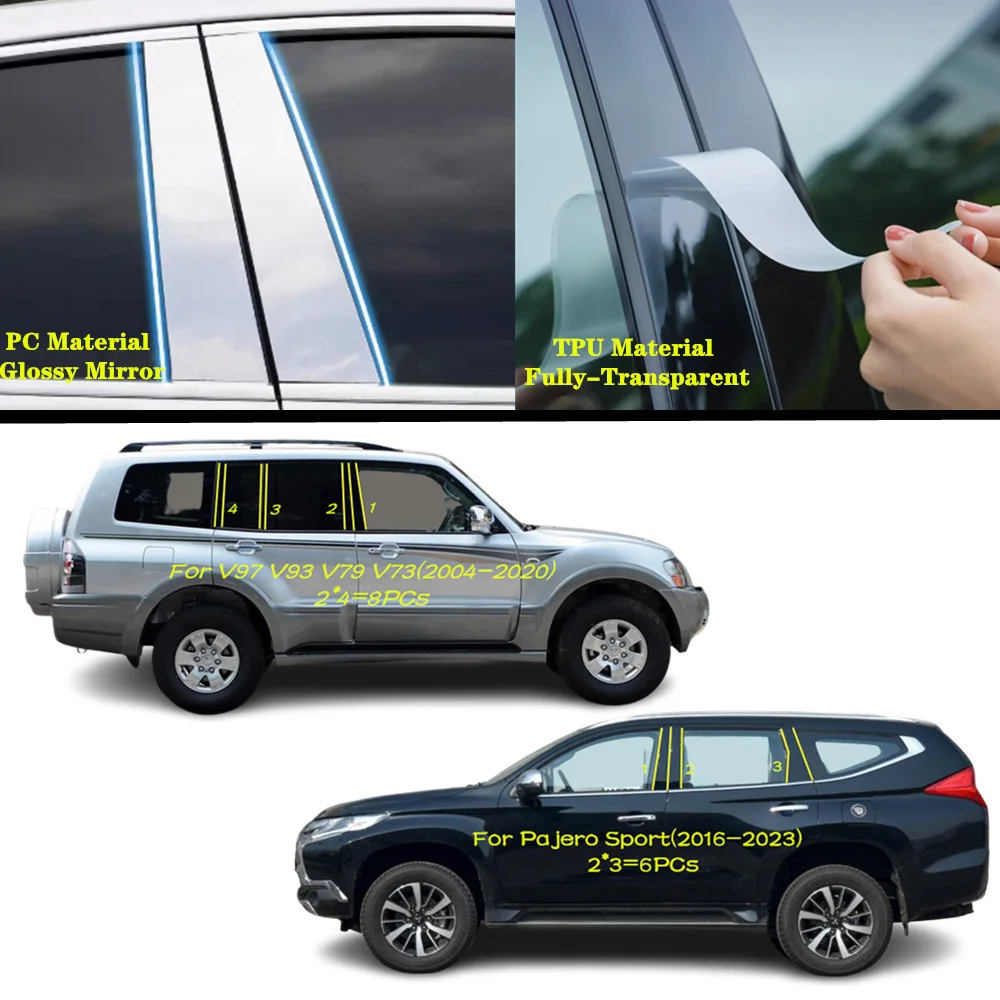

For Mitsubishi Pajero V73 V77 V93 V97 2004-2020/Sport 2016-2023 Car TPU/Glossy Mirror Pillar Post Cover Door Trim Window Sticker