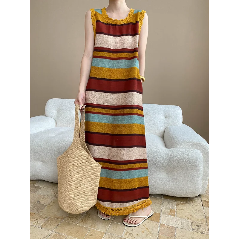 

Праздничное льняное платье в полоску с круглым вырезом и кисточками, женское летнее модное простое универсальное длинное платье без рукавов
