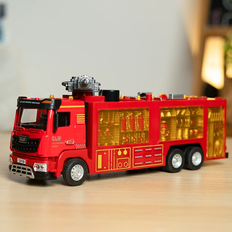 1:40 Fire Fighting Water Spray Truck Model Ladder Vehicle Kids Toys Alloy+Plastic Car Sound Light Pull Back Collection Boys Gift