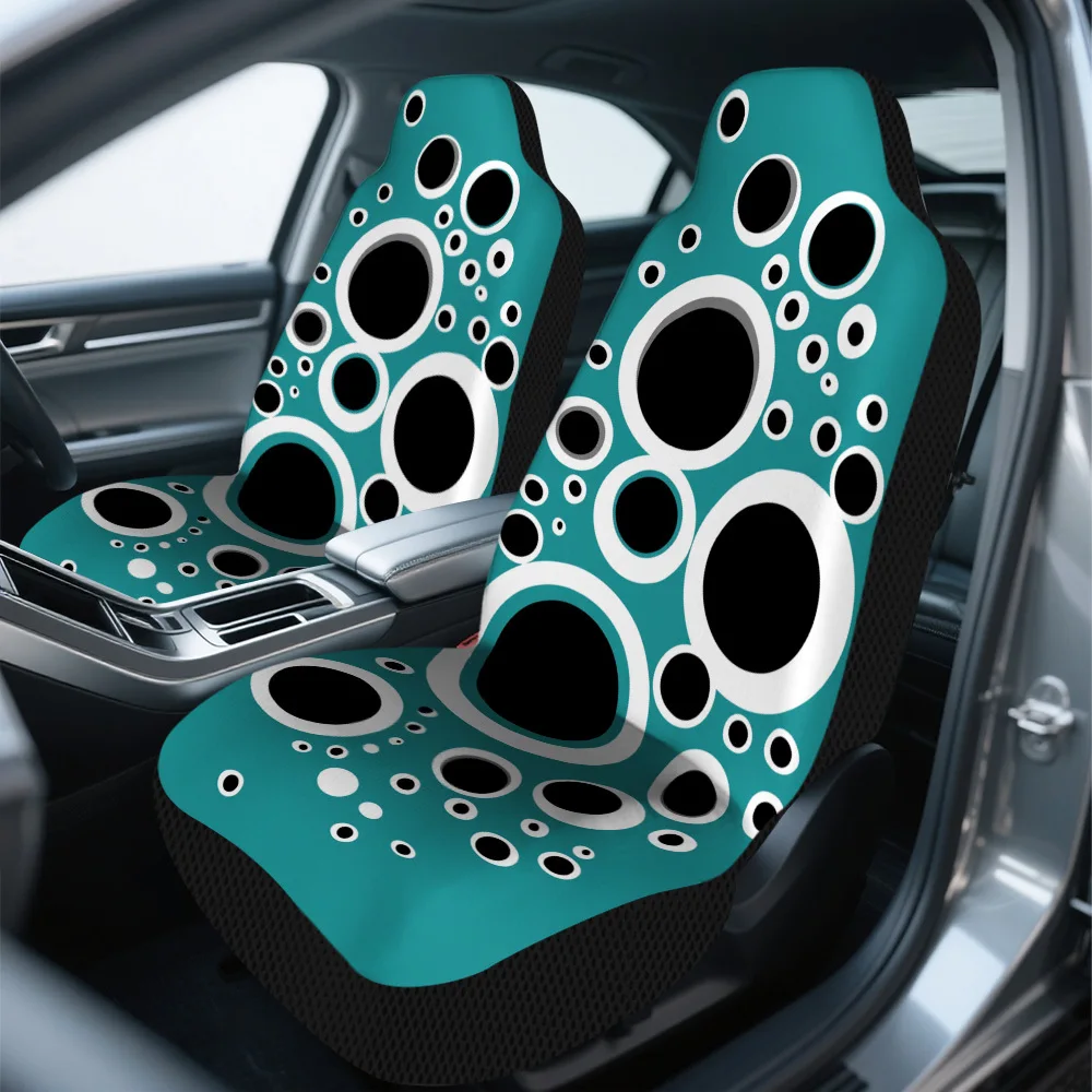 2pcs Trendy Teal Black Circles Print Car Front Seat Covers | Polyester Fiber, Universal Fit, Machine Washable, Great For Maximum