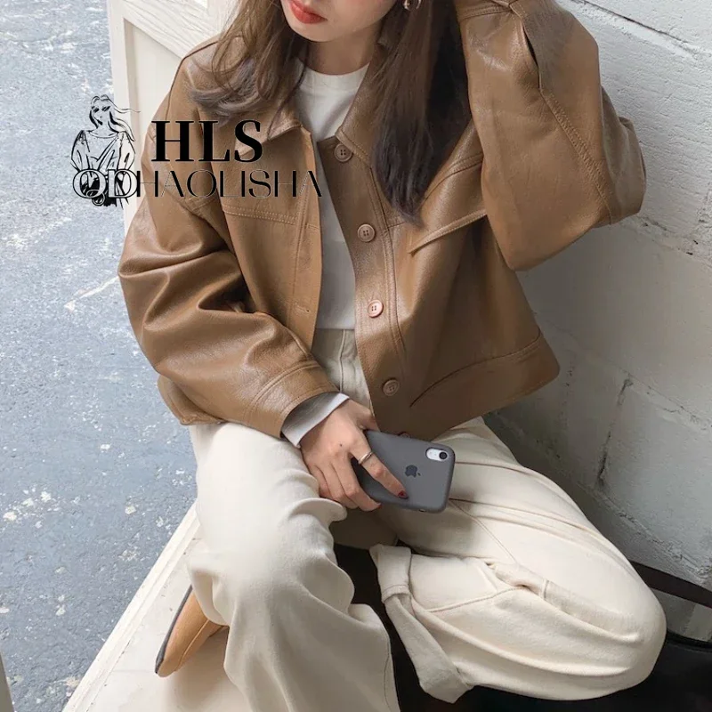 2024 Autumn Korean Sweet Cool Style Loose Versatile Temperament Neutral Style Leather Jacket Motorcycle Short Coat Top for Women