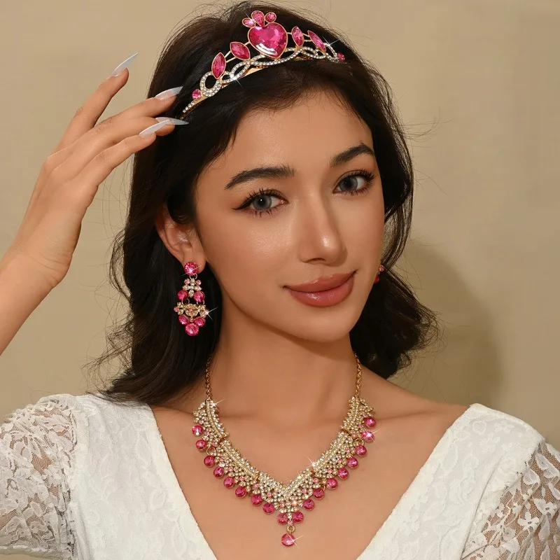 Rose Pink Princess Tiara Jewelry Set, Crown Necklace Earrings for Women, Birthday Party Anime Cosplay Stage Performance Costume