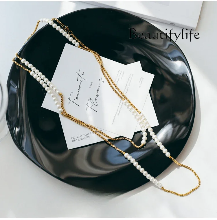 Non-fading pearl spacing long necklace sweater chain high-end light luxury niche versatile accessories