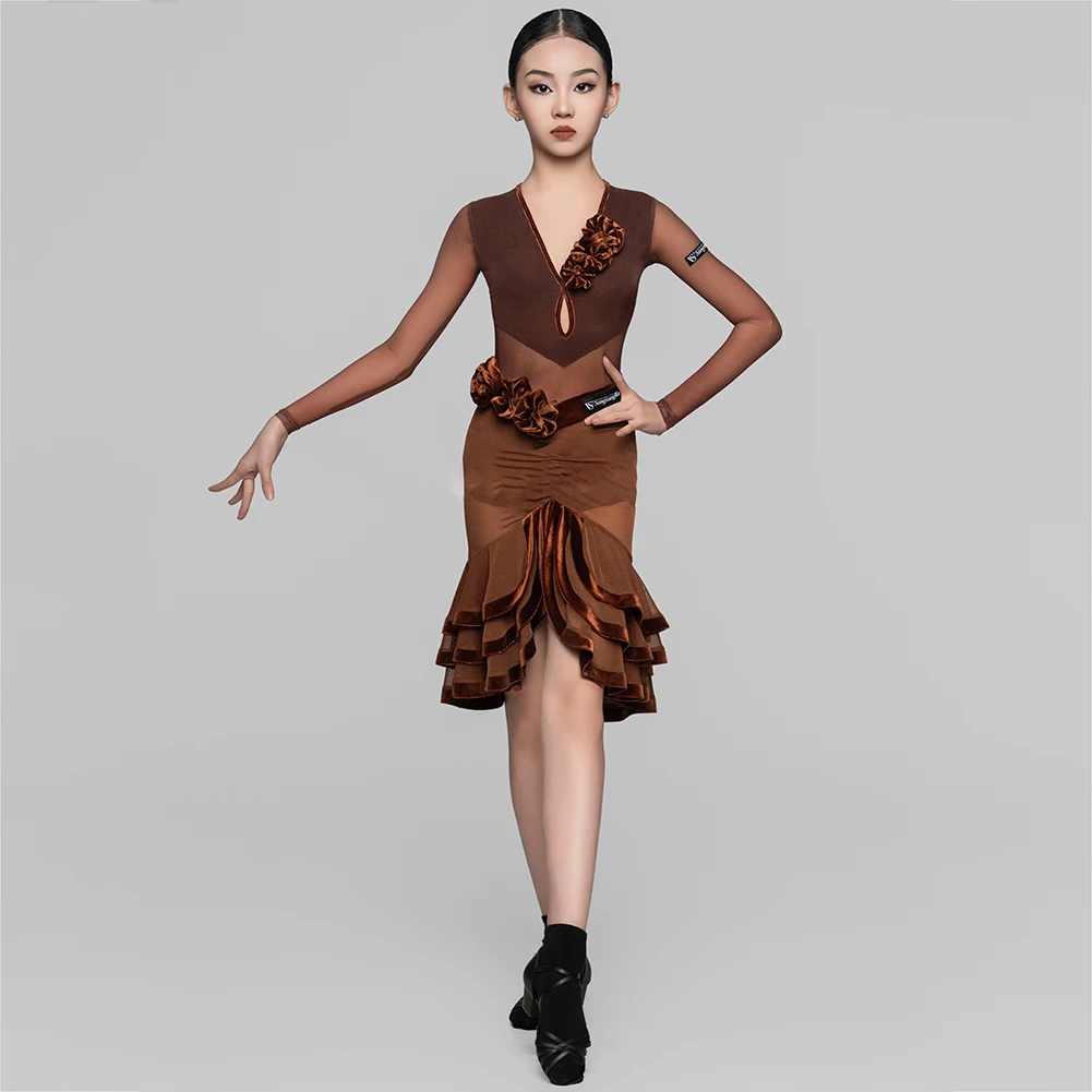 

Prom Dress Long Sleeve Line Dance Costume Brown Girl Latin Dance dress Children's Practice Dress Black Gauze Samba