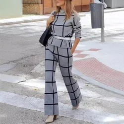 Autumn Winter Plaid Print Two Piece Sets for Women Fashion Casual Office Ladies Plaid Top Wide Leg Pants Work Trousers Set Women