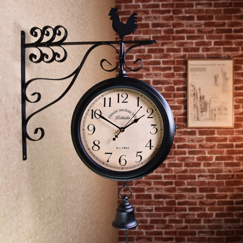 

American wrought iron silent double-sided clock wall clock living room European Nordic creative wall watch retro craft two-sided