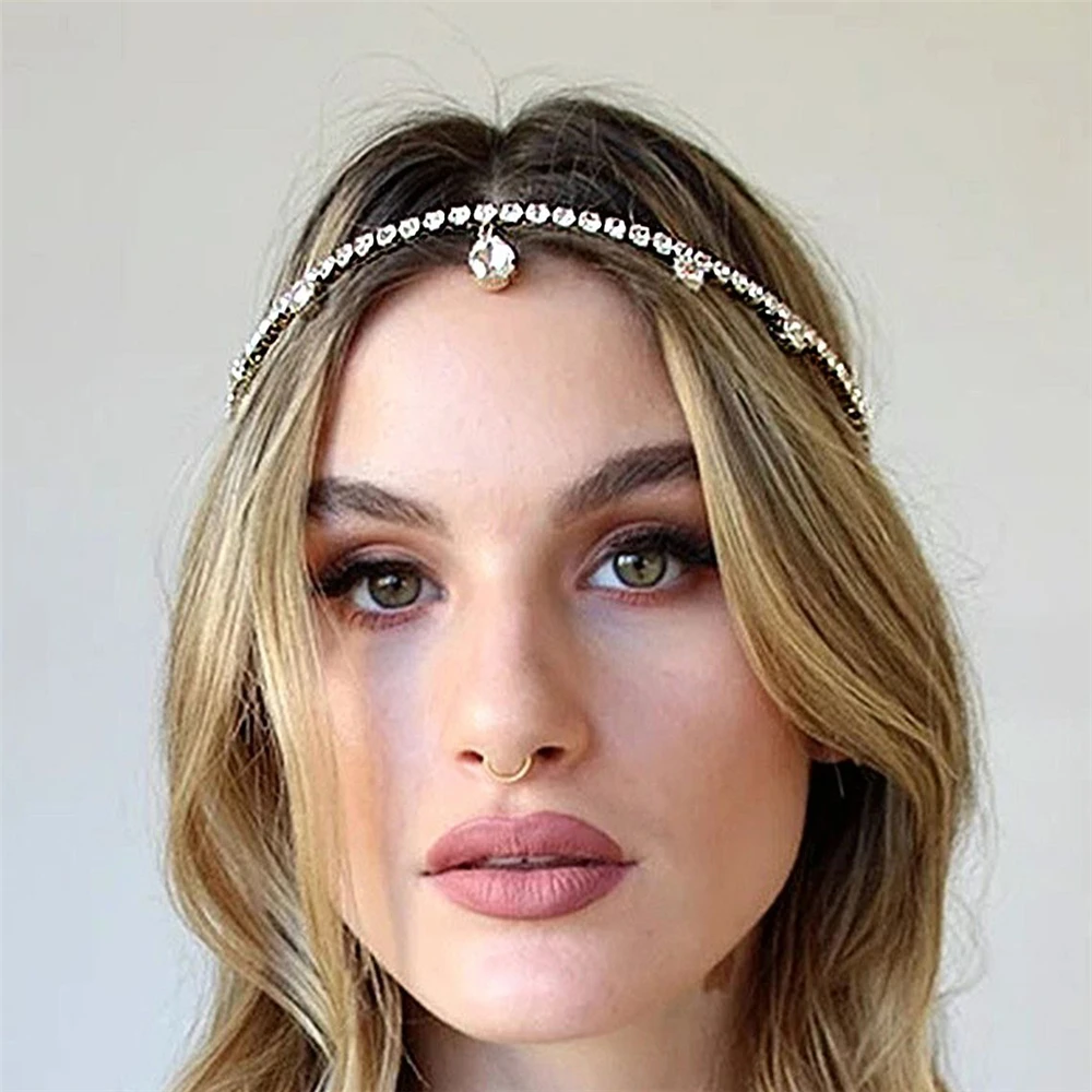 Bohemian Bridal Rhinestone Hair Chain Headpiece for Women Water Drop Pendant Crystal Forehead Chain Headband Jewelry Gift