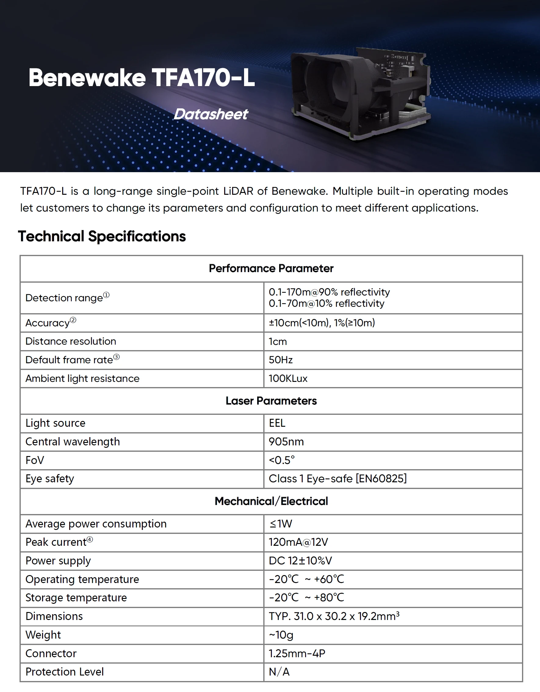 Benewake TFA170-L High-precision 170m Long-range LiDAR Sensor 10g Lightweight Single-point LiDAR for Drones UAVs