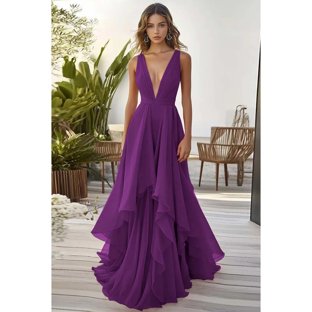 

Chiffon Sexy V-neck Sleeveless Prom Dresses Chic Tiered Irregular Ruffles Backless Festival Wear Elegant A-line Evening Gowns