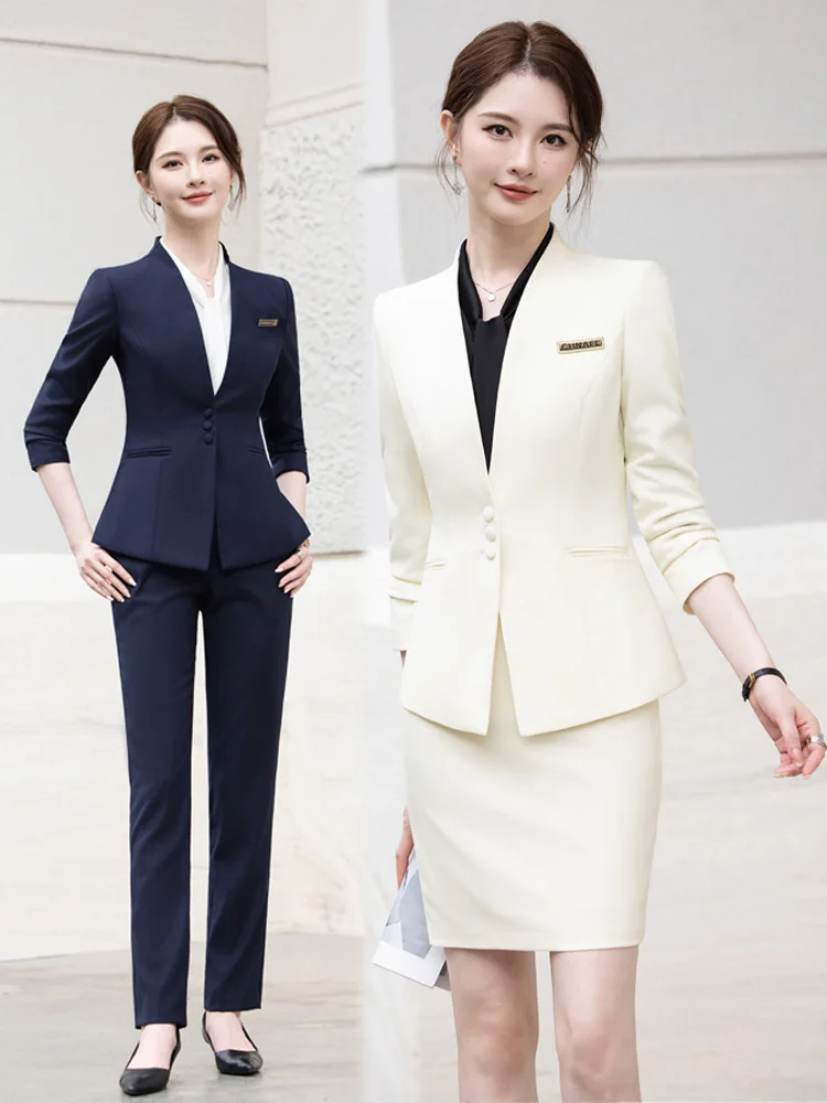 2025Autumn slim-fit elegant blazer for jewelry store counter sales, professional formal gray workwear