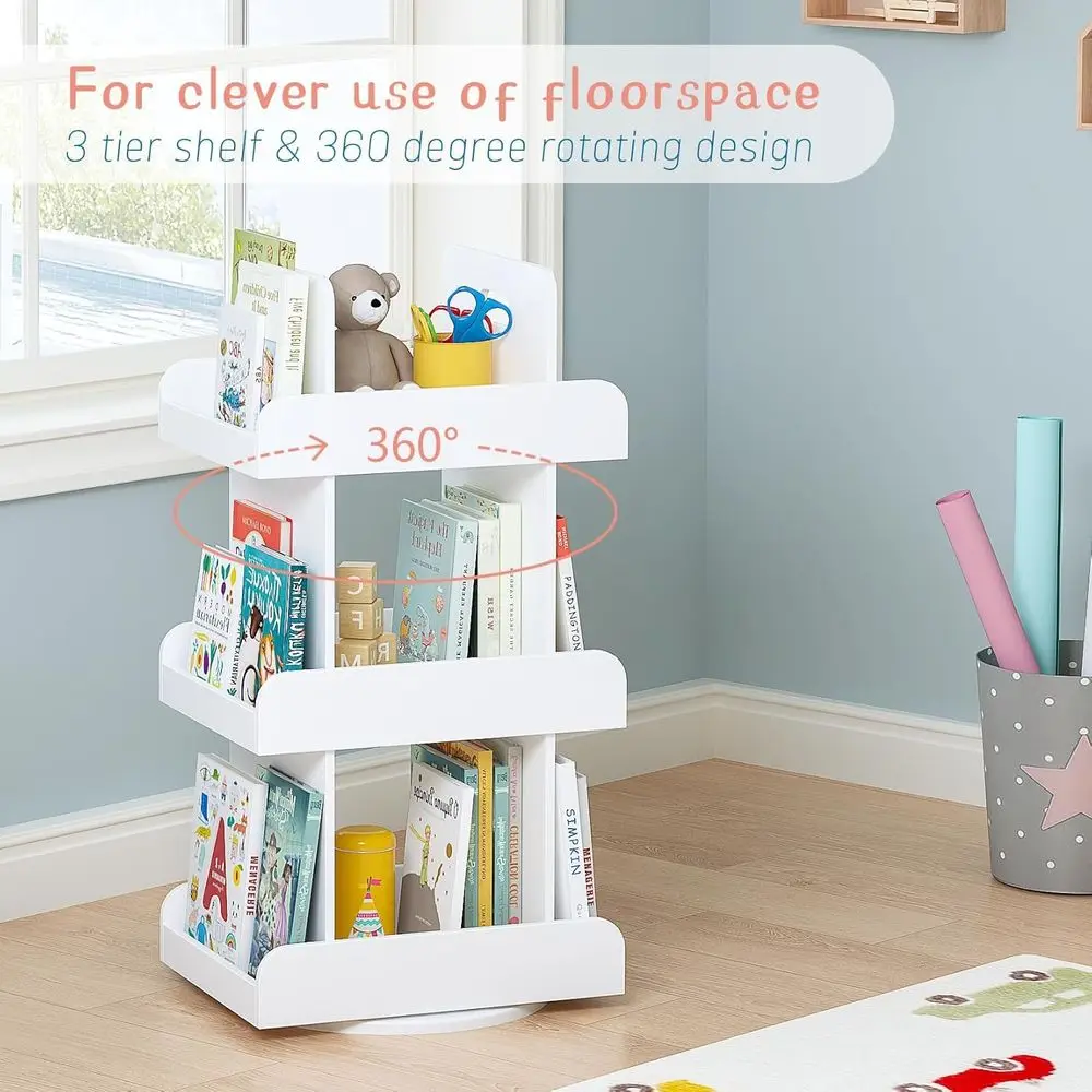 3-Tier White Rotating Bookshelf, Lazy Susan Style, 360° Vertical Display Organizer