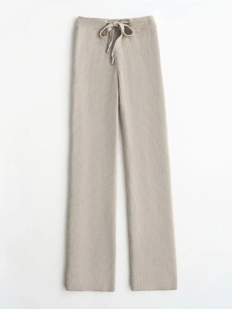 

2025 вязаные широкие брюки для женщин, новые зимние свободные брюки с высокой талией и завязками, тонкие повседневные мягкие брюки в полоску CQ91