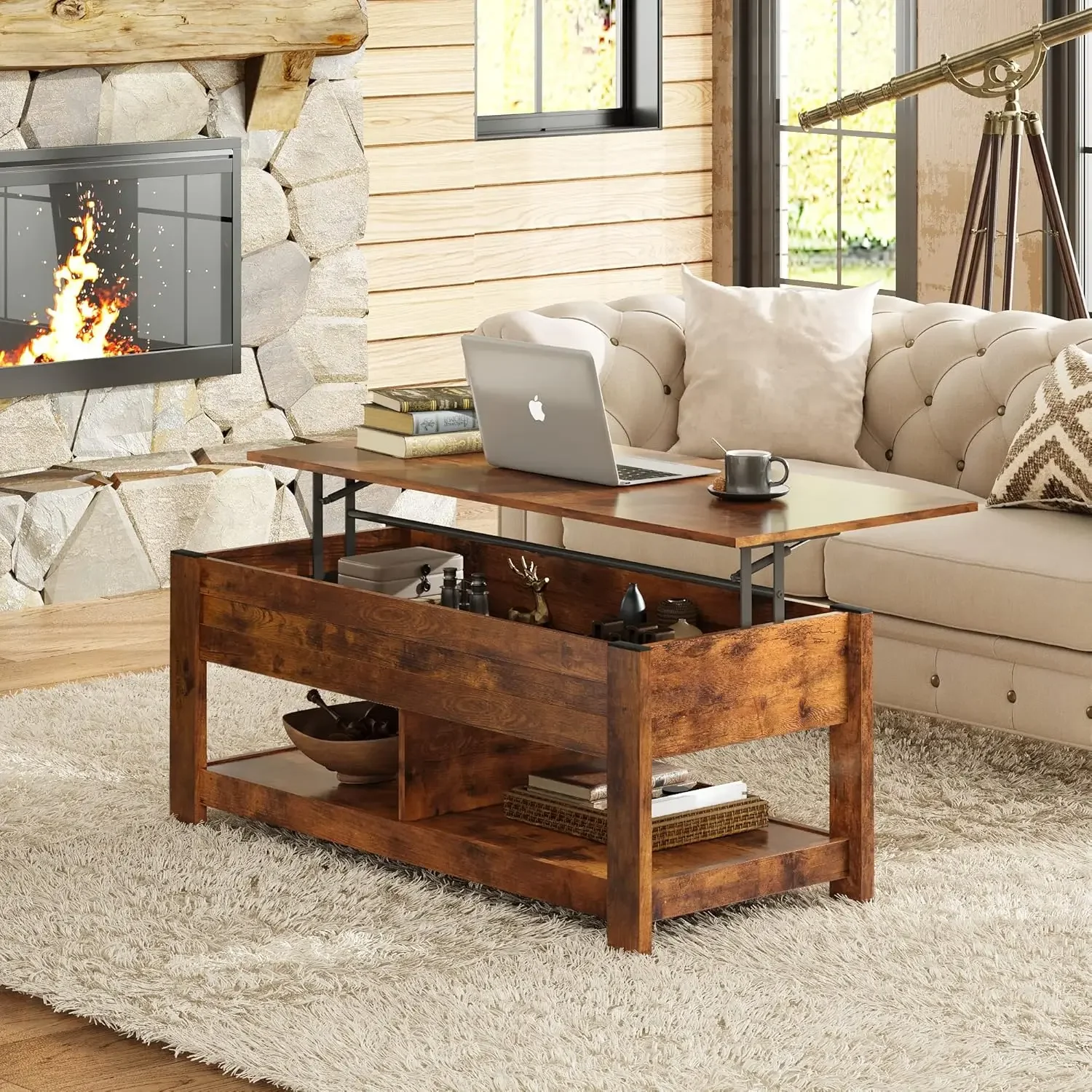 Coffee Table 47" Lift Top Coffee Table with Hidden Compartment and 2 Storage Shelves for Living Room, Rustic Brown，Coffee Table