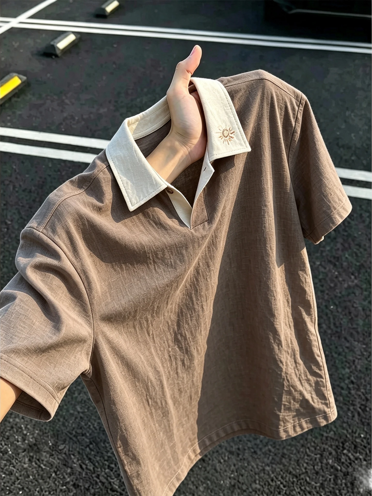 Young Men's Summer Thin Short-Sleeve Embroidered Linen-Like  Shirt Regular Fit Casual Fashion Shoulder-Length T-Shirt