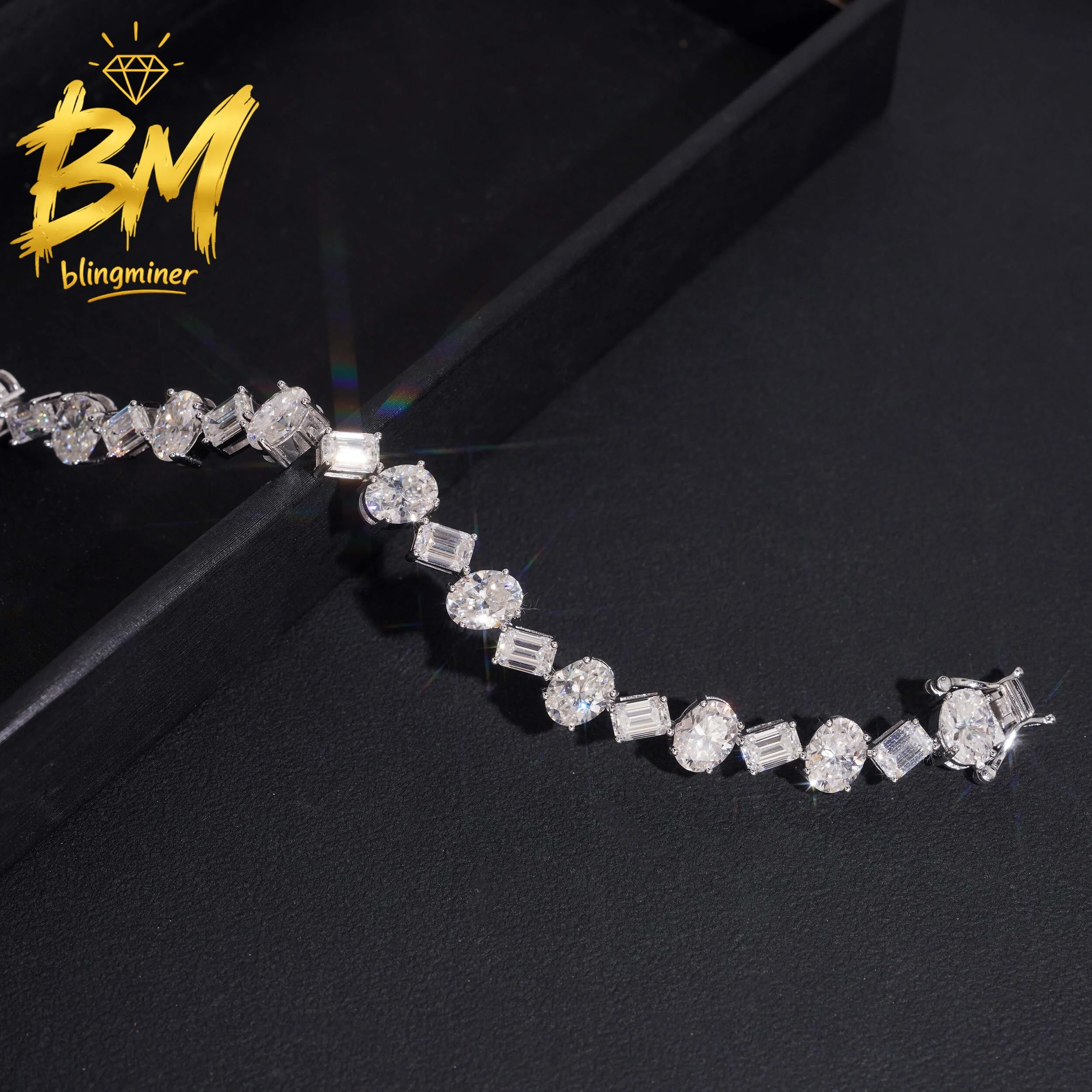 Blingminer Fancy Cut Moissanite Tennis Chain Bracelet For Men Women S925 Silver Jewelry Pass Diamonds Tester GRA Free Shipping