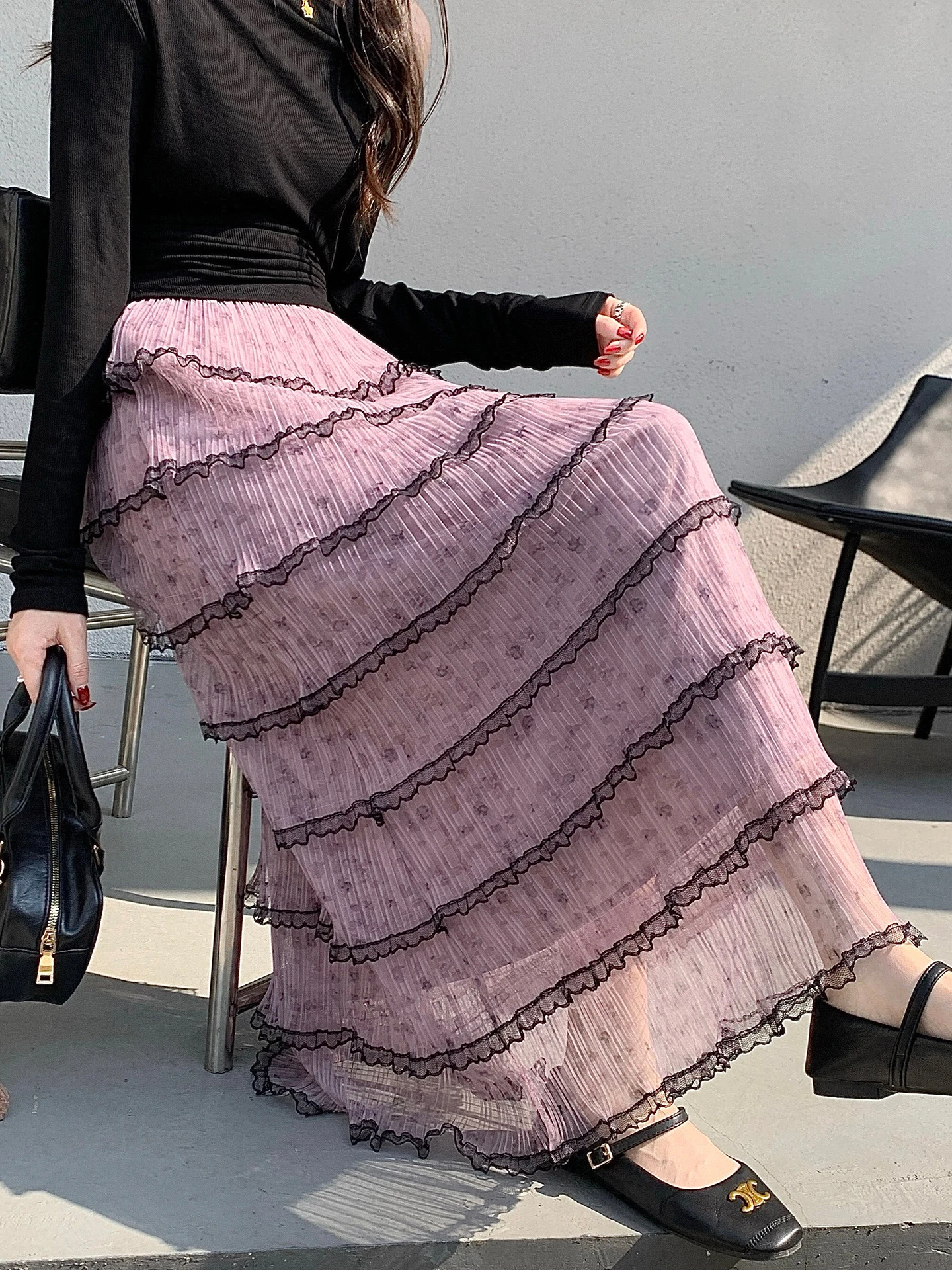 

Pastel Purple Floral Lace Half Skirt Women's Spring Puffy Gauze A-Line Long Skirt Draping High Waist Korean Style Commute