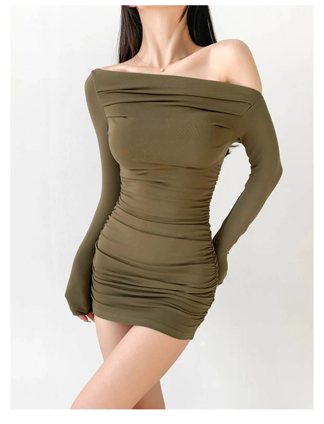 Solid Slash Neck Long Sleeve Shrink Pleated Wrap Hip Dress Women Elegant Sexy Casual Mini One-Piece Dress Robe Kleid