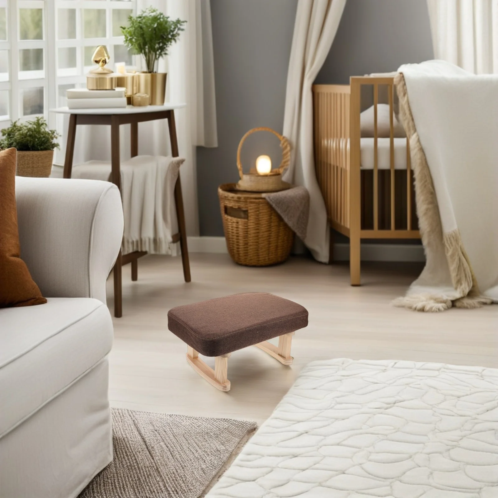 

Low Stool Home Stool Coffee Linen Padded Seat Solid Wood Legs Vintage Small Bench Footrest Vanity Bedroom Living Room