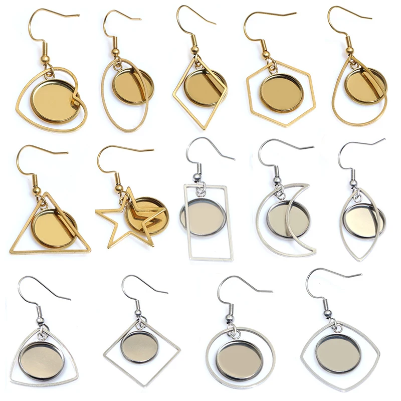 10 Stück 12mm innere Größe Edelstahl Ohrring Cabochons leere Basis-Einstellung mit geometrischem Rahmen Anhänger Charms DIY Schmuck