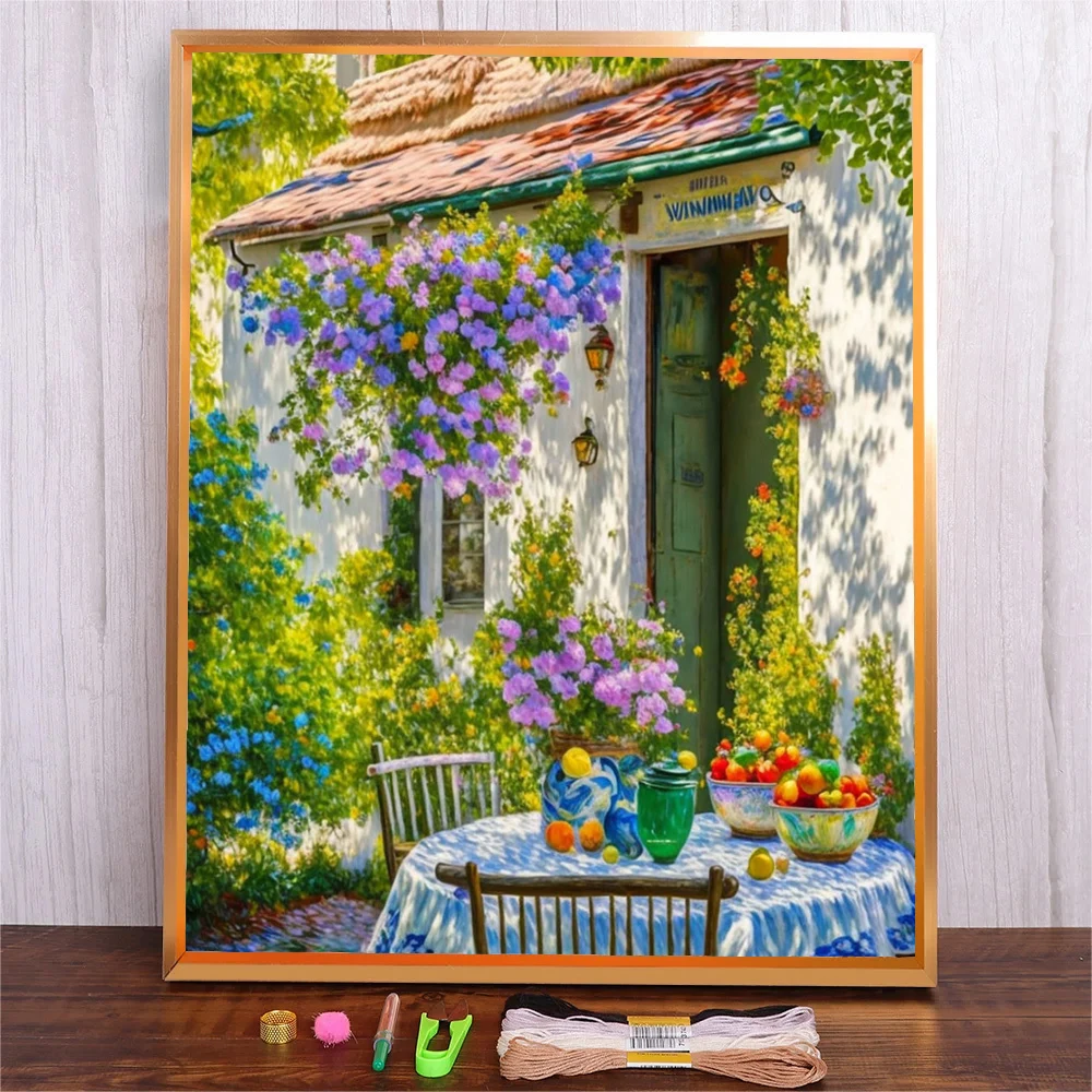 

Flowers House Cross Stitch DIY Embroidery Kits Home Landscape Decorative Painting11CT 14CT Printed Needlework Handicraft