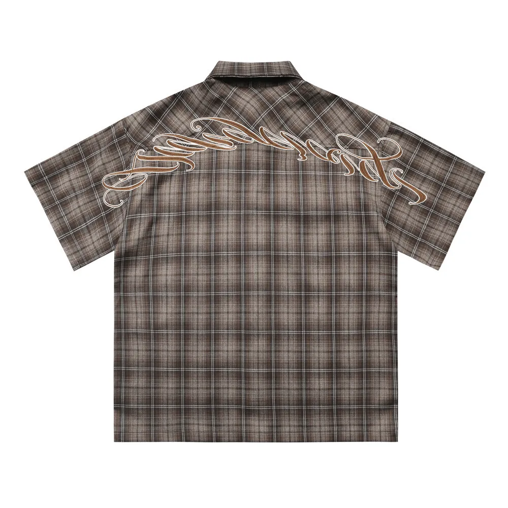 New American Embroidered Checkered Short Sleeved Shirt for Summer Men, Retro Workwear, Checkered Lapel Shirt, Loose Fit Soft