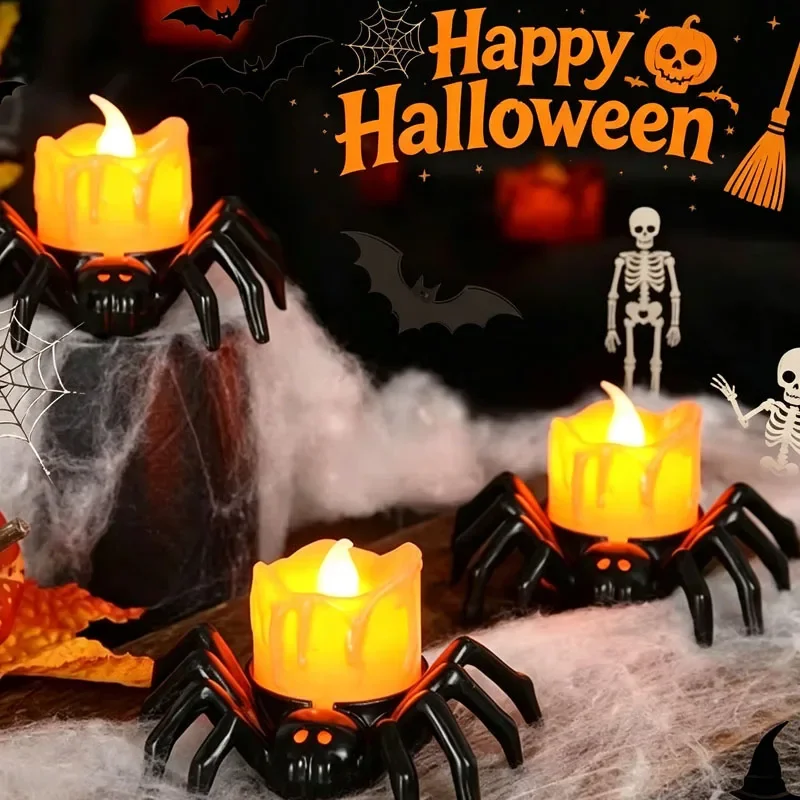 1-4PCS Halloween LED Pumpkin Candle Light Spider Night Lamp Pumpkin Shape Party Home Table Decor Haunted House Holiday Prop
