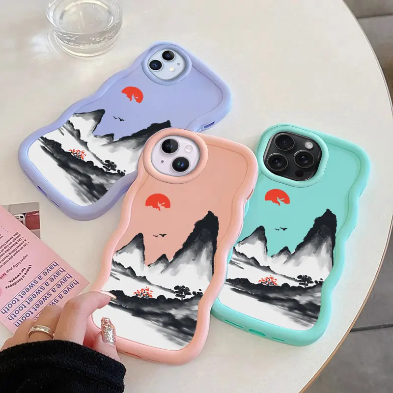 Mount Macalong Phone Case for iPhone XR 11 12 13 14 15 PRO MAX PLUS Soft Cover Wavy edged Shockproof Coque Girl Protect Shell