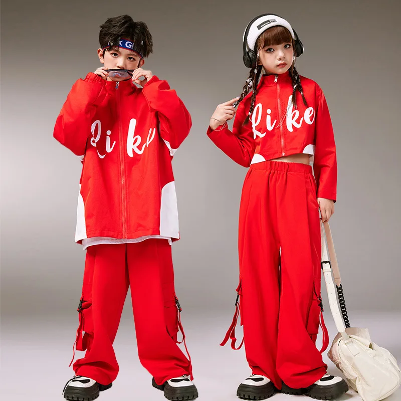 

Kid Hip Hop Clothing Red White Zip Up Long Crop Jacket Top Casual Wide Strap Cargo Pants for Girl Boy Jazz Dance Costume Clothes