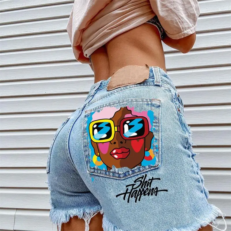 

Women's Denim Shorts 2024 Summer New Portrait Print Fashion Street Casual Plus Size Denim Shorts