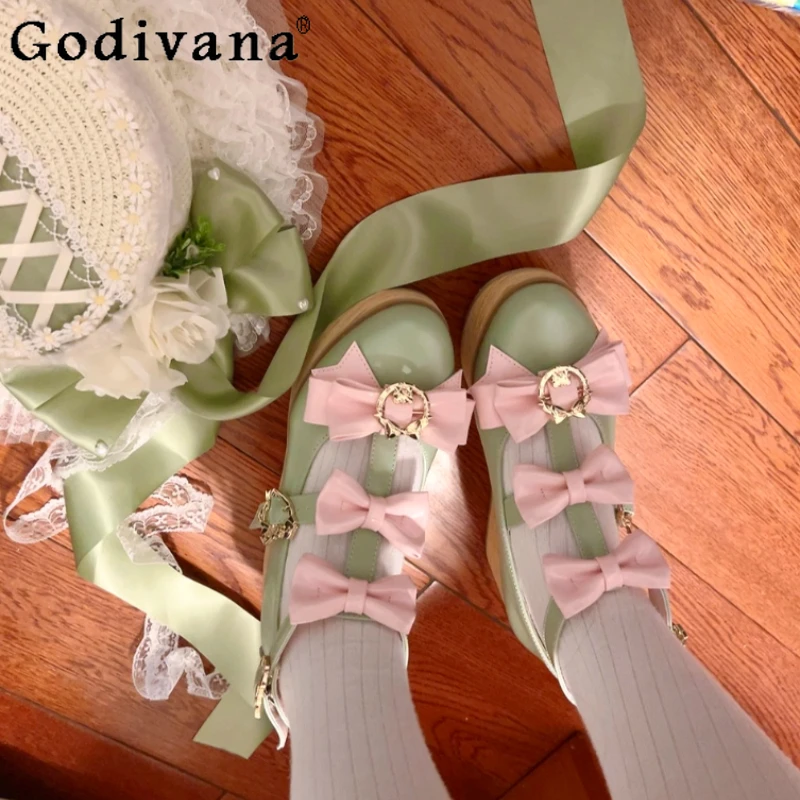 

Japanese Original Lolita Cute Girl Ancient Doll Feeling Platform Muffin Shoes Retro Bow Metal Buckle Wood Grain High Heels
