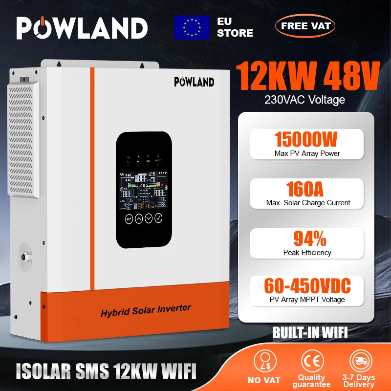 POWLAND Solar Inverter Hybrid 12KW 48V Built-in MPPT LCD Setting  Running Without Battery  Short Circuit Protection Solaire