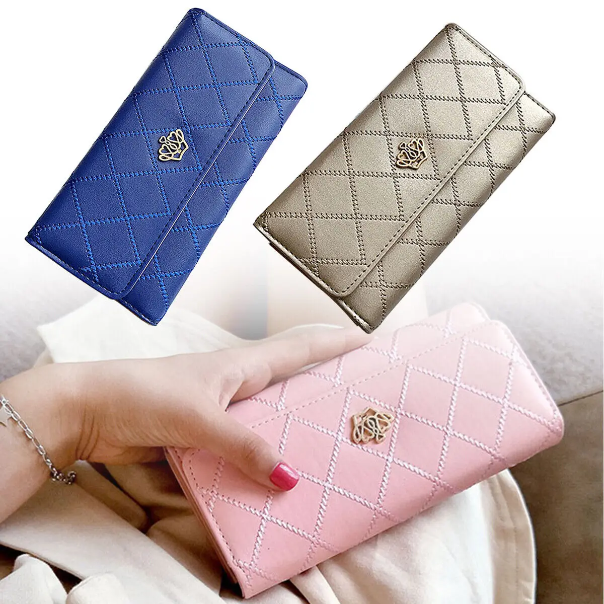 Schwarze lange Brieftaschen für Frauen pu Leder Diamant muster Geldbörse Karten halter Krone Schnalle Damen Handy tasche Mode Clutch Tasche