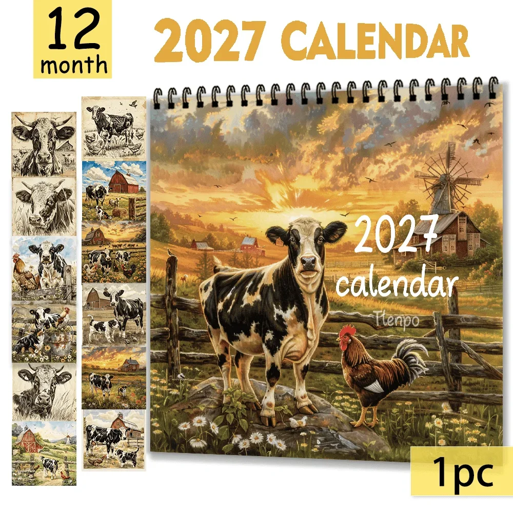 1pc 2027 Country Farm Cow Wall Calendar,12‑Month Planner,Gift For Back‑to‑School,Christmas,,New Year,Free Stickers Included