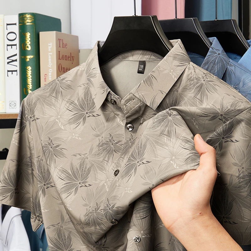 

Summer Casual Seamless Ice Silk Cool Lapel Shirt Design Short Sleeve Fashion Flower Print Design New Men's T-shirt Top