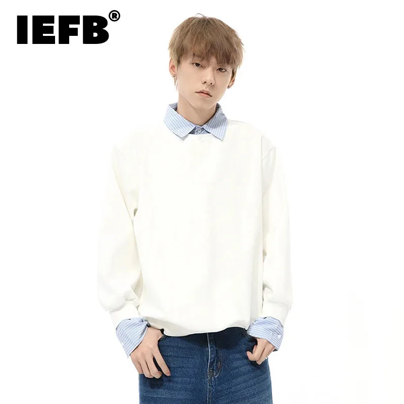 IEFB Korean Style Men's Sweatshirts Fake Two-piece Striped Patchwork Casual Contrast Color Male Loose Tops Autumn Stylish 9C7956