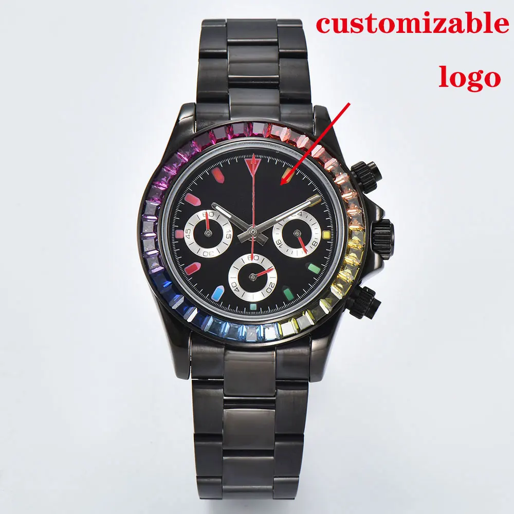 Orologio da uomo d'affari di lusso nero con movimento VK63 cronografo in vetro zaffiro con cassa in pietra preziosa colorata lunetta orologio da uomo d'affari su misura