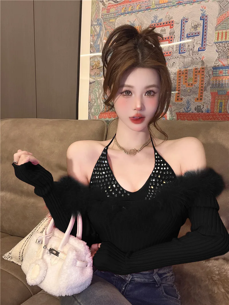 重厚な装飾が施されたニットセーター レディース 春秋冬 おしゃれな肩出しデザイン