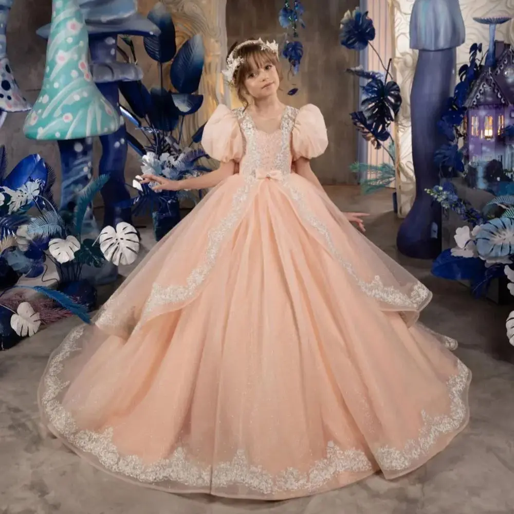 

Elegant Flower Girl Dress For Wedding Appliques Floor Length Little Princess Quinceanera Birthday Banquet Ball Gown Customized