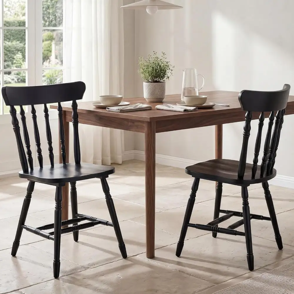 

Set of 2 Vintage-Style Windsor Chairs, Wooden Dining Room Furniture with Turned Spindle Backrest and Legs, Traditional Colonial