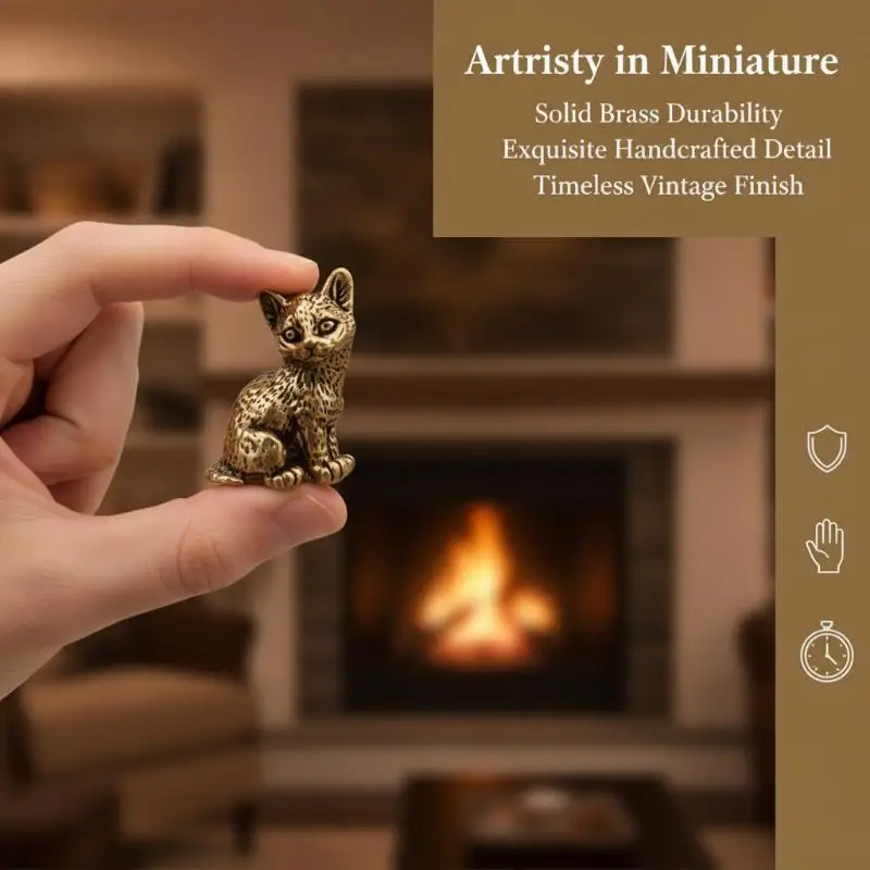 Messing-Mini-Katzenfigur mit Gravierter Textur, Winzige Metallstatue, Heimdekoration für den Schreibtisch, Sammlerstück, Geschenk für Katzenbesitzer – Detail 9