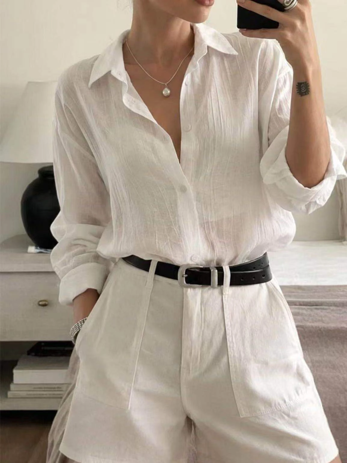 

Chic Slimming Texture Folded Shirt Women's Loose Fit Summer Thin Sun Protection Long Sleeve Cotton Casual Fashion Top