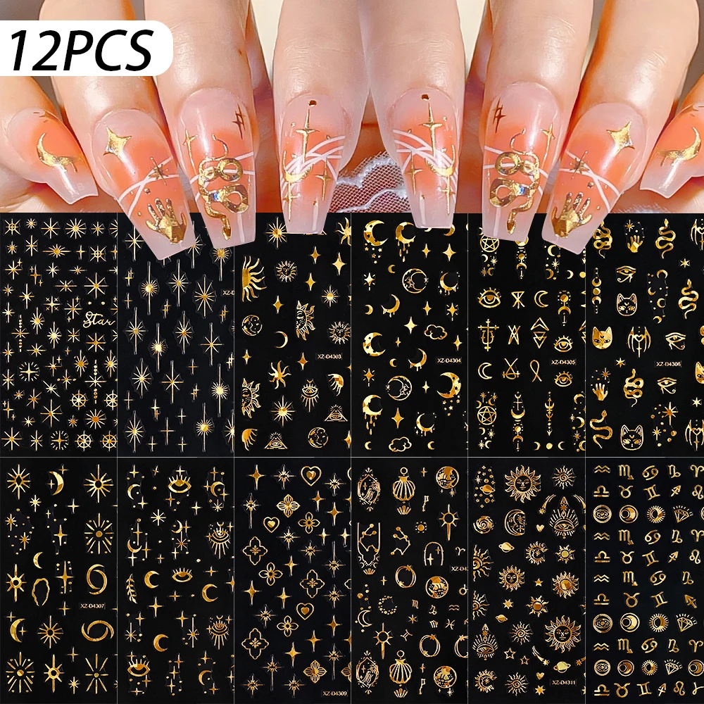 12 Stück 3D Bronzing Metall Silber Flamme Nagelaufkleber Y2k Stern Mond Schlange selbstklebende Schieber Französisch Streifen Linie Schleife Maniküre Aufkleber