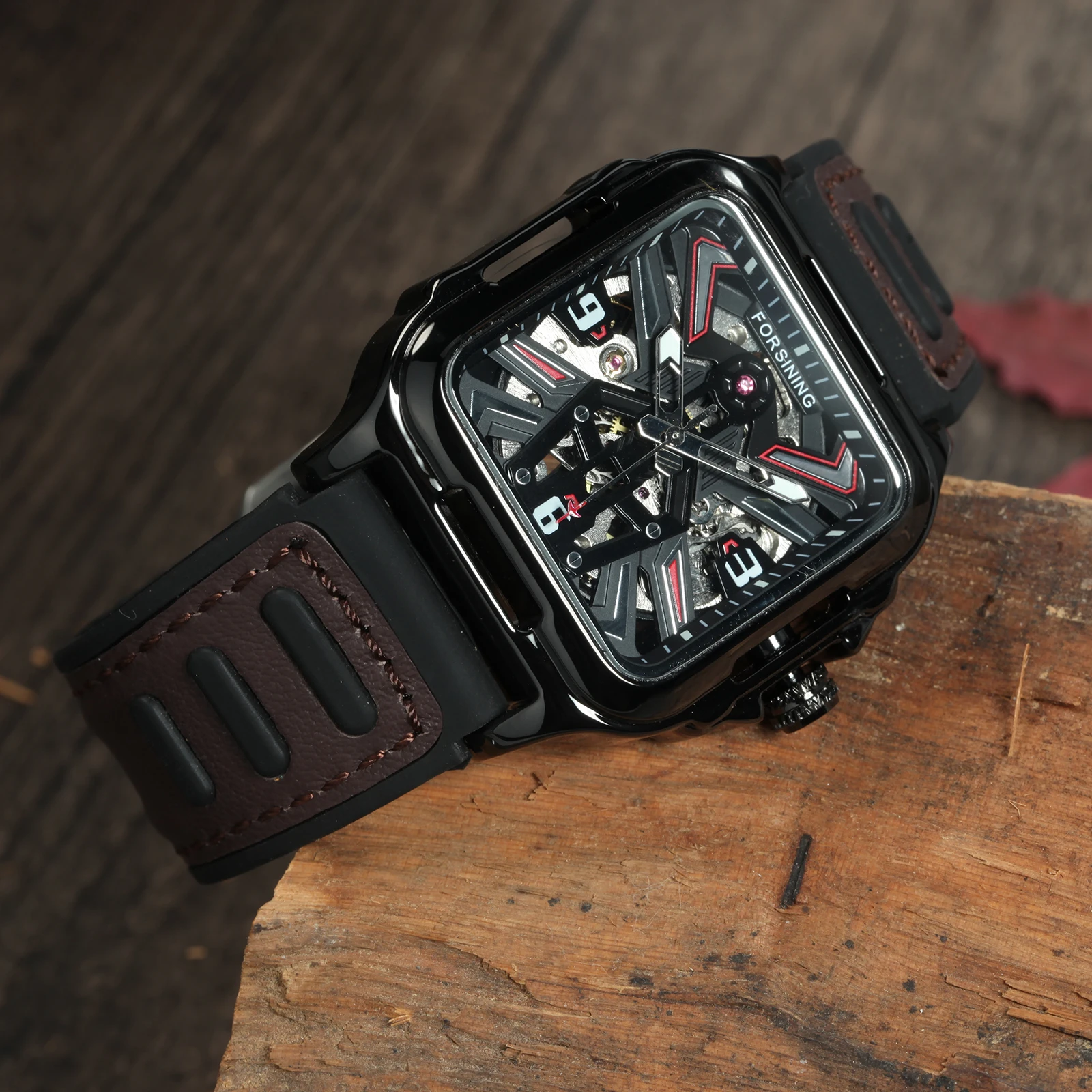Forsining Gold Black Square Skeleton Automatic Watch for Men Luminous Hands Luxury Sports Mechanical Watches Rubber Leather Band