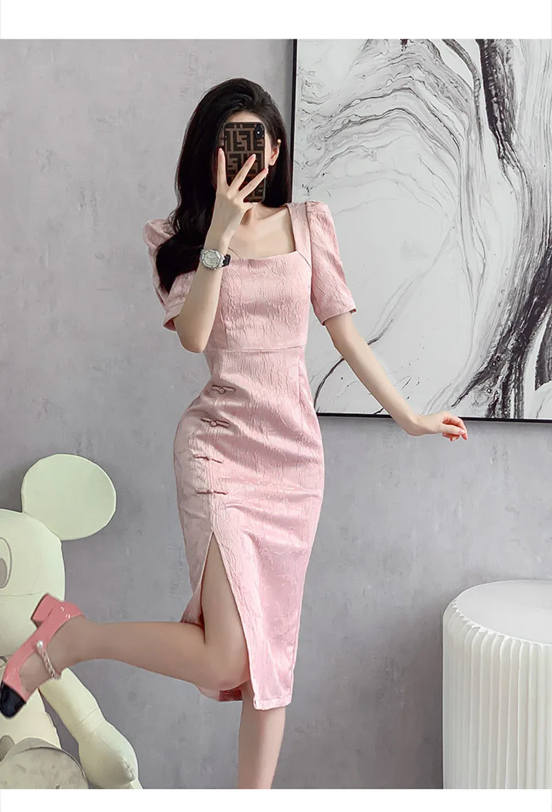 2023 Pink Summer Women Improved Cheongsam Mid Long Vintage Dress Chinese Style Slim Fashion Dresses Qipao S To XXL S2104