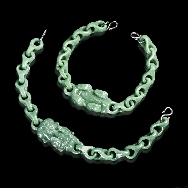 

Natural Jade Bean Green Lucky Pixiu One-piece Engraved Interlocking Bracelet Men Women Fashion Jewelry Personalized Gifts