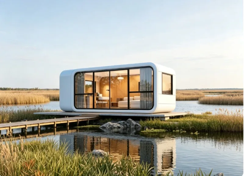 High Quality Economical Functional Apple Cabin Prefab House, Smart Pod With Bed, AC, Ventilation & USB For Personal Office Use