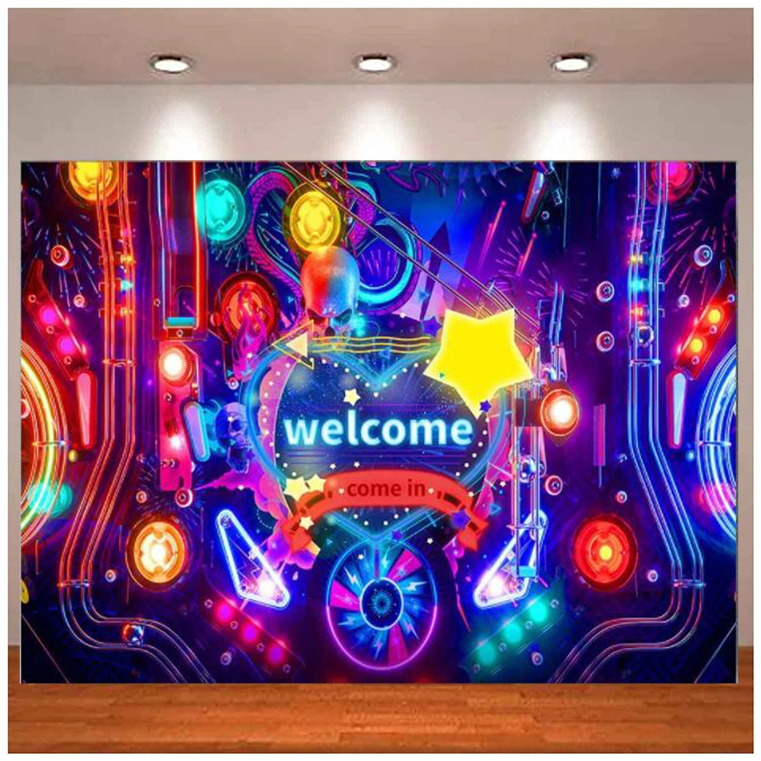 Video Game Backdrop Welcom Heart Types Come in Banner Colorful LED Light Yellow Red Alarm Sparkling Gold Stars Birthday Party