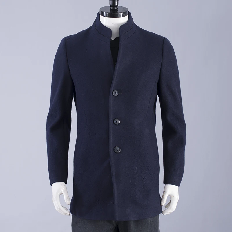 

Мужское деловое повседневное однотонное шерстяное пальто с воротником-стойкой, зимнее пальто с одной пуговицей и подставкой
