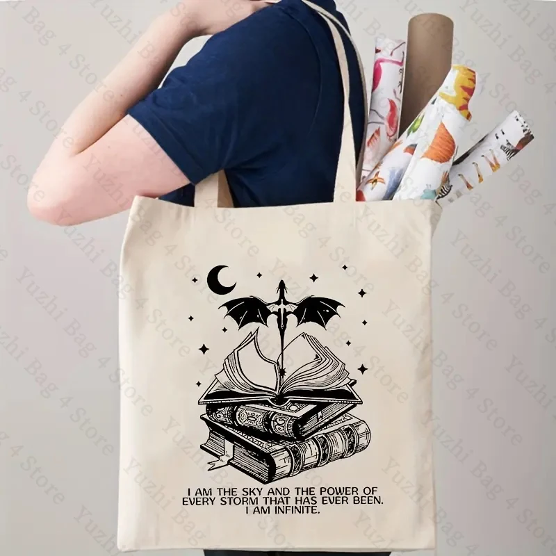 I Am The Sky Basgiath War Pattern Canvas Shopping Bag Bookish The Empyrean Portable Shoulder Bag Fashion Large Capacity Tote Bag