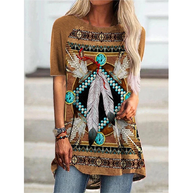Zachodni aztecki styl etniczny 3D T-shirt z nadrukiem kobiet Streetwear t-shirty z krótkim rękawem Y2K topy kobiety tunika na krótki rękaw szeroka odzież — zdjęcie 3